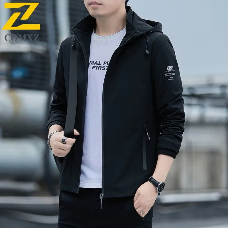 

COMXZ Роскошная мужская куртка 2025 с капюшоном для поездок на работу, офисная легкая ветровка, удобная осенняя мужская одежда для самосовершенствования