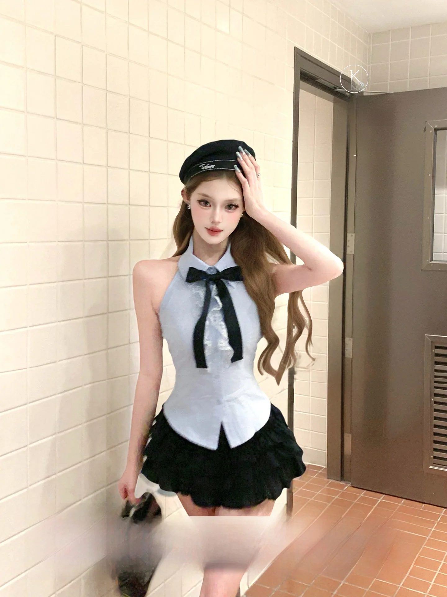 

Joykiki College Style Sleeveless Shirt Women Pure Desire Waist Cinched Slimming Sexy Girl Cotton Knot Top