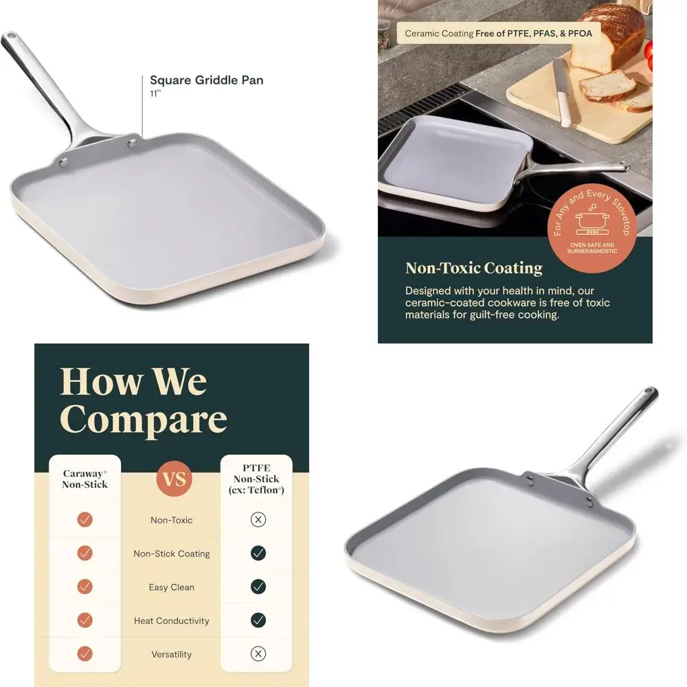 

Non-Stick Ceramic Square Griddle Pan - 11 Inch, Oven Safe, PTFE and PFOA Free, Compatible with Cookware Set, Non-Toxic Cooking S