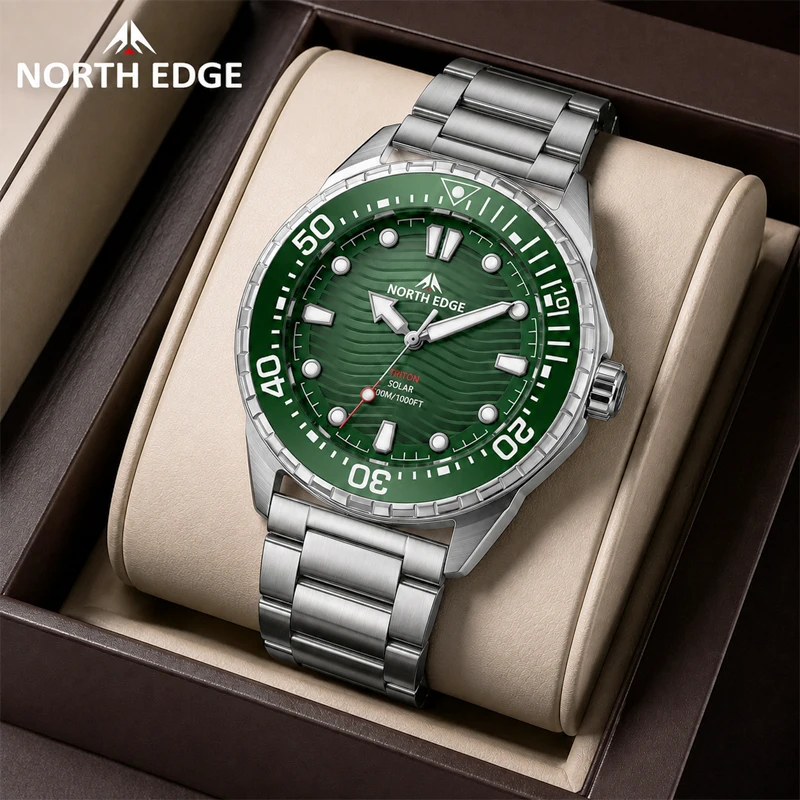 Image of NORTH EDGE TRITON 316L Edelstahl Solarbetriebene Taucheruhr Luxus-Quarzuhren für Herren 300M Wasserdicht 180+ Tage Energie 2026 Neu