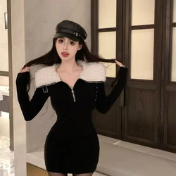 Hepburn Style Fur Collar Half Zip Dress with Feminine Temperament Black Dress Spicy Girl Waist Bag Hip Skirt