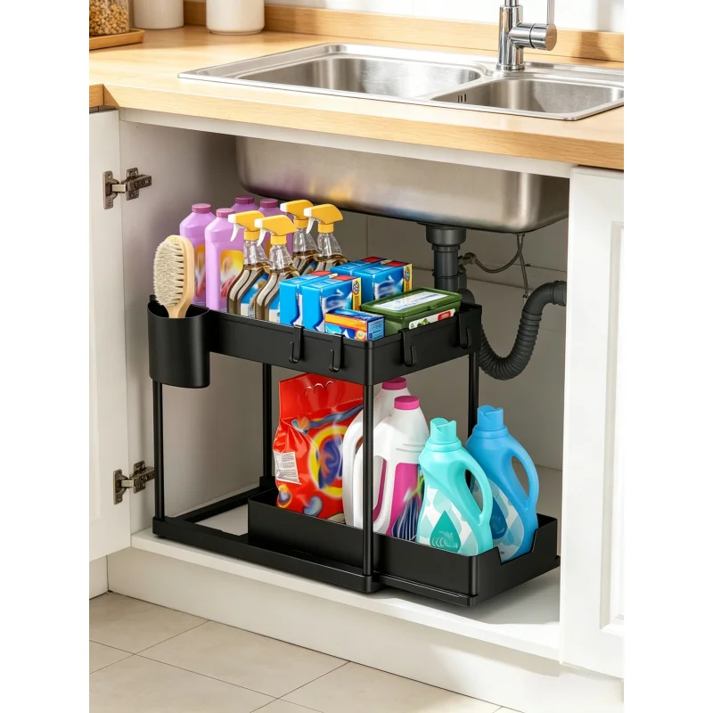 

2 Tier Sliding Drawer Under Sink Storage Organizer Shelf Multipurpose Holder Rack For Kitchen Cabinet Bathroom Home Accessories