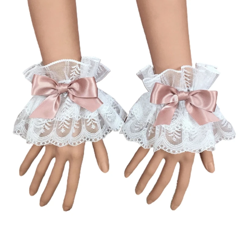 652F Japanese Lolita Hand Sleeve Wrist Cuffs Sweet Ruffled Lace Multicolor Bowknot Maid Cosplay Bracelet for Wedding Party