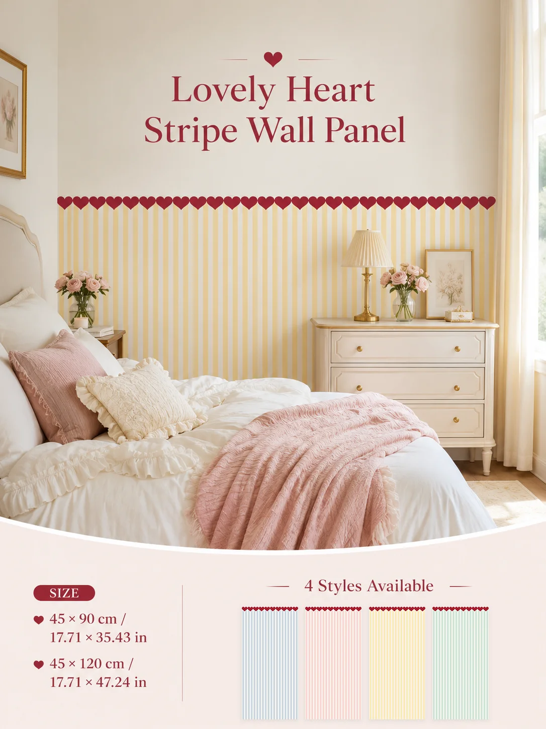 Heart Striped Peel And Stick Wall Panel, Waterproof Removable Decor Wallpaper For Bedroom Living Room, 4 Colors, 45x90/45x120cm