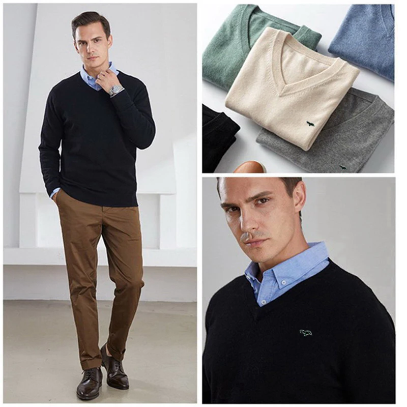 Suéter de Cachemira con cuello en V para hombre, Jersey informal de lana suave y cálida, a la moda, primavera y otoño