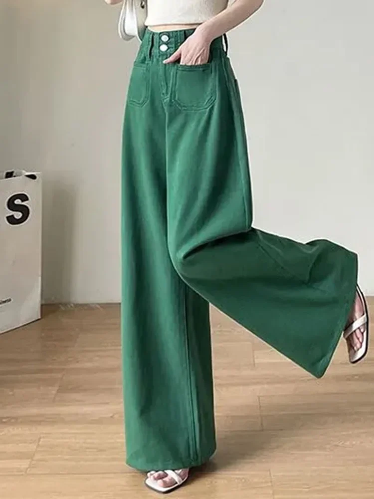 2025 New Green Baggy Wide Leg Jeans Women Vintage High Waist Straight Denim Pants Korean Casual Streetwear Thin Loose