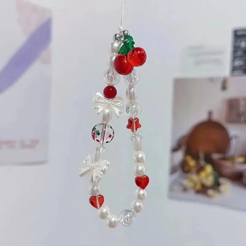 Korean Cute Red Cherry Bow Pearl Phone Chain Lanyard Charm Strap Wrist Bead Hanging Cord Bracelet Keychain For IPhone Rope
