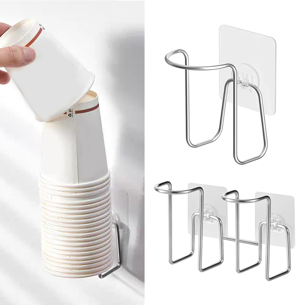 Stainless Steel Disposable Paper Cup Storage Rack Punch Free Wall Mounted Stainless Steel Water Cup Storage Holder For Kitchen