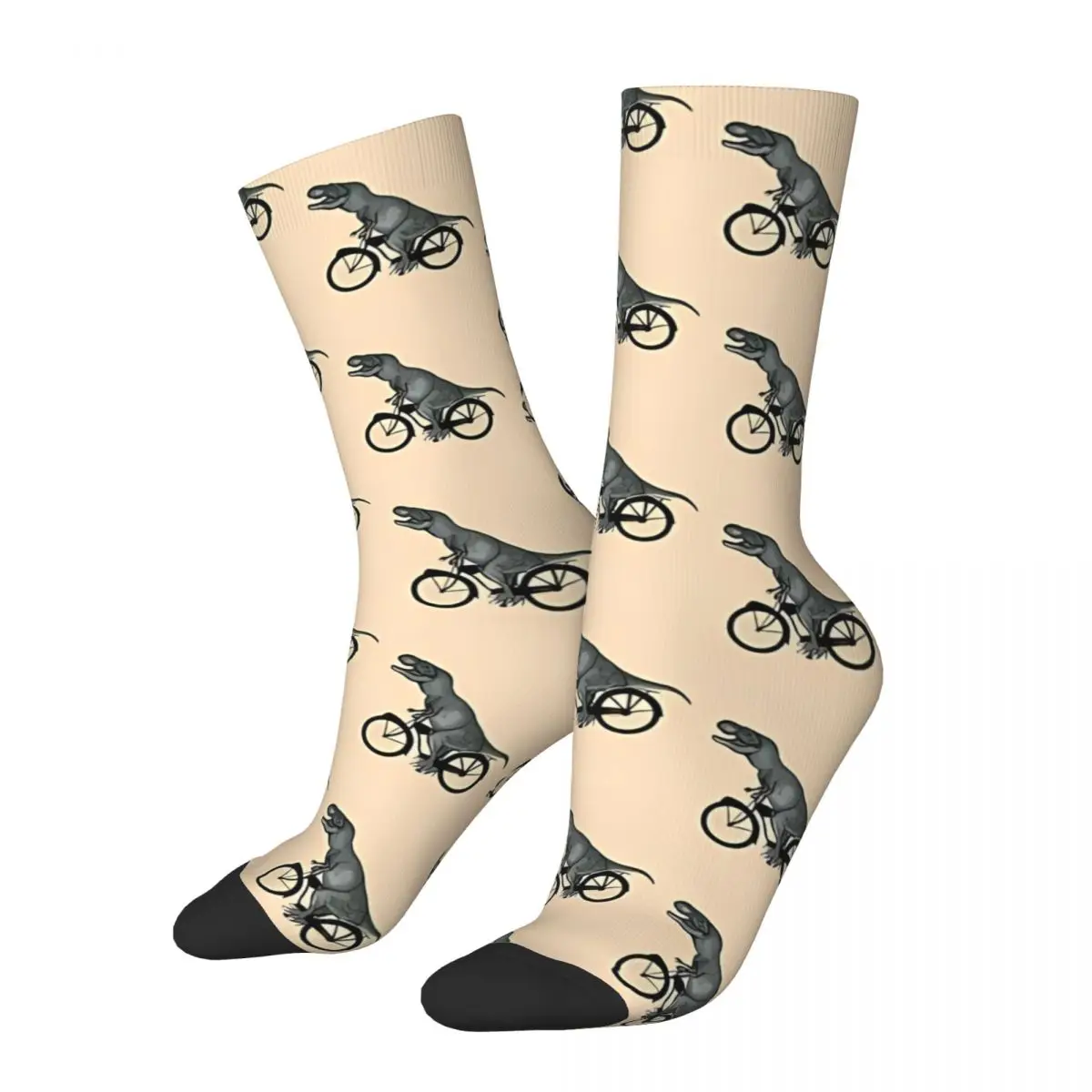 Funny Happy Sock for Men Bike And T Rex Dinosaur Silhouettes Vintage Riding Breathable Pattern Printed Crew Sock Seamless Gift