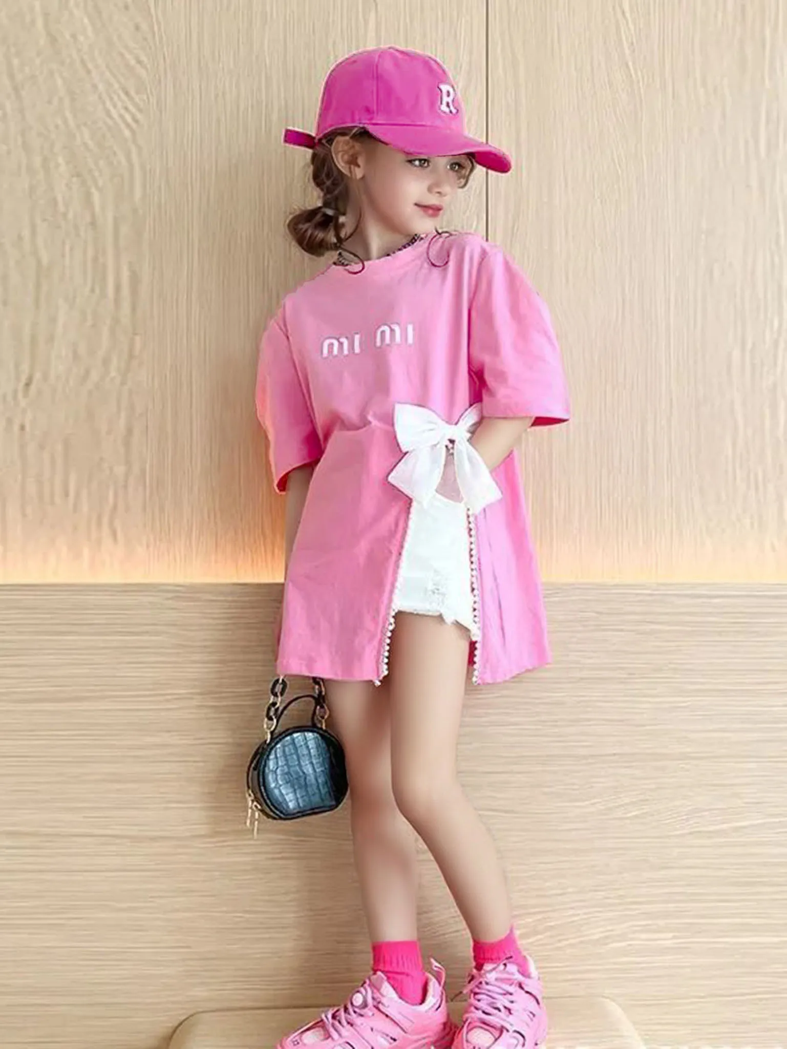 Chic Summer Street Style Mid-Length Girls' T-Shirt, Bow-embellished slit design Children tops for Tween Girl 3-12 Years image 2