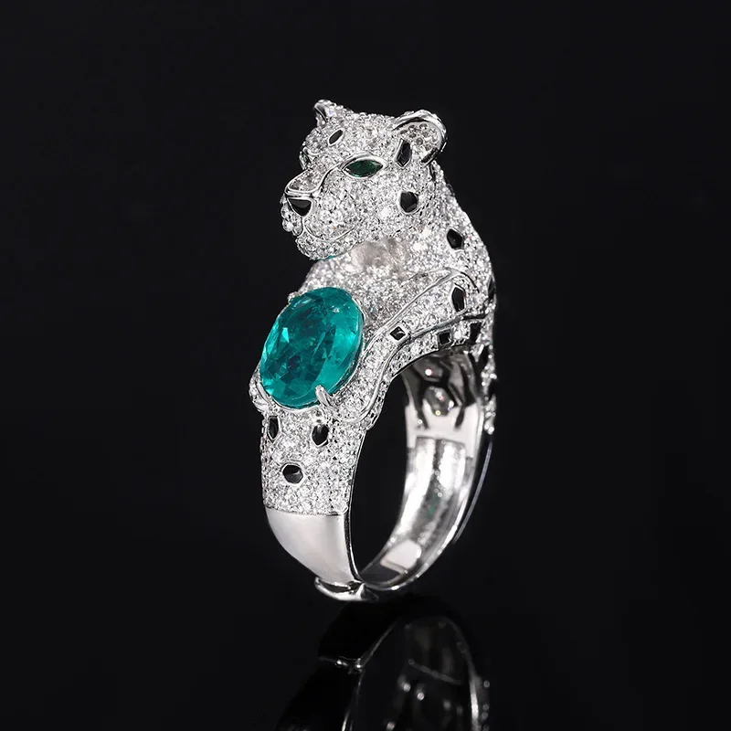 

New jewelry S925 silver plated 18K gold full diamond luxury leopard ring for women artificially cultivated gemstone master 6*8