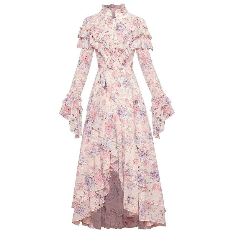 Runway High Quality New Women'S Fashion Party Elegant Printing Exquisite Embroidery Ruffle Irregular Designer Long Chiffon Dress