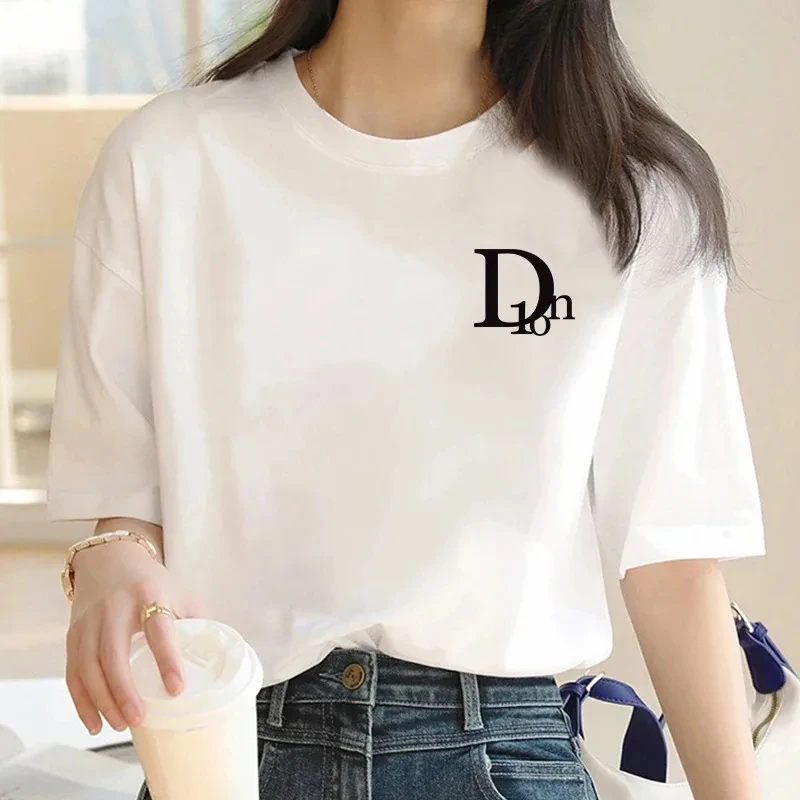 Women's 100% Cotton Lettering T-Shirt Oversized Short Sleeve Tops Luxury Brand Printed T-Shirt Fashion Clothing