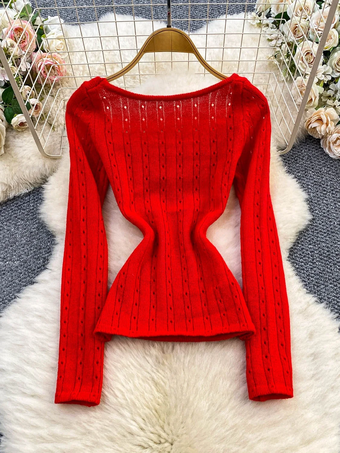 Damska dzianinowa bluzka z ażurowym wzorem, dekoltem w kształcie litery U, długa, wyszczuplająca, seksowna, uniwersalna, wygodna, w stylu koreańskim, idealna do pracy i na co dzień... Jesień 2025