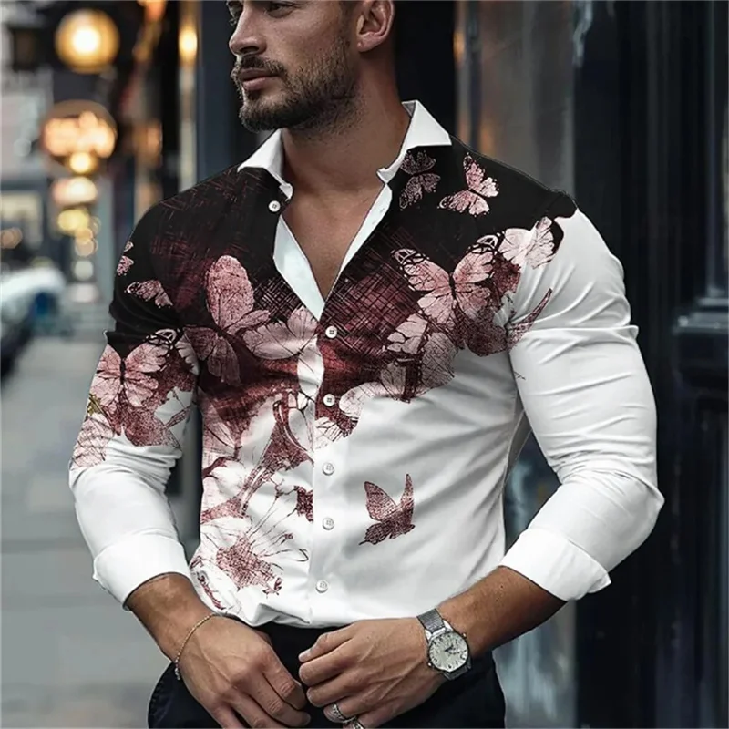 2024 Butterfly 3D Printed Business Men's Shirt High Quality Butterfly Pattern Long Sleeve Shirt Lapel Comfortable Soft Men's 5XL