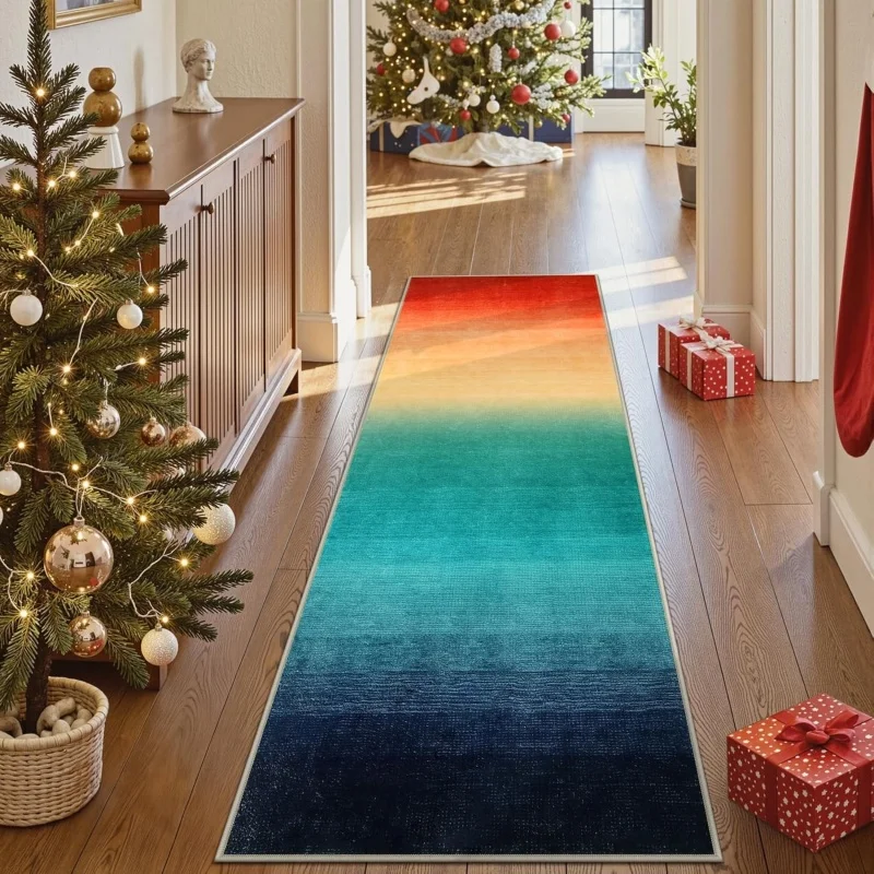 Soft Blue Gradient Runner Rug Non-Slip Area Rug Abstract Ombre Throw Rug for Kitchen Hallway Bedroom Living Room Home Decor