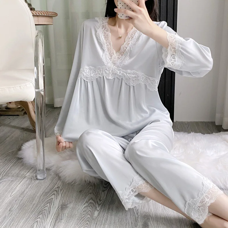 

Женский пижамный комплект из 2 предметов с длинными рукавами, одежда для сна, роскошная серая ночная рубашка из ледяного шелка с кружевной отделкой, брючный пижамный костюм, свободная одежда для дома