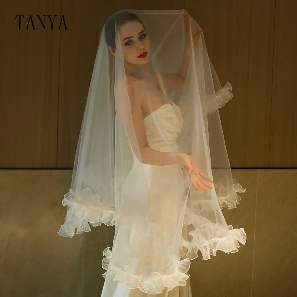 

One Layer Wedding Veil For Bridal Boho Ruffled Edge Long Soft Tulle Bridal Veil Without Comb Wedding Dress Accessories