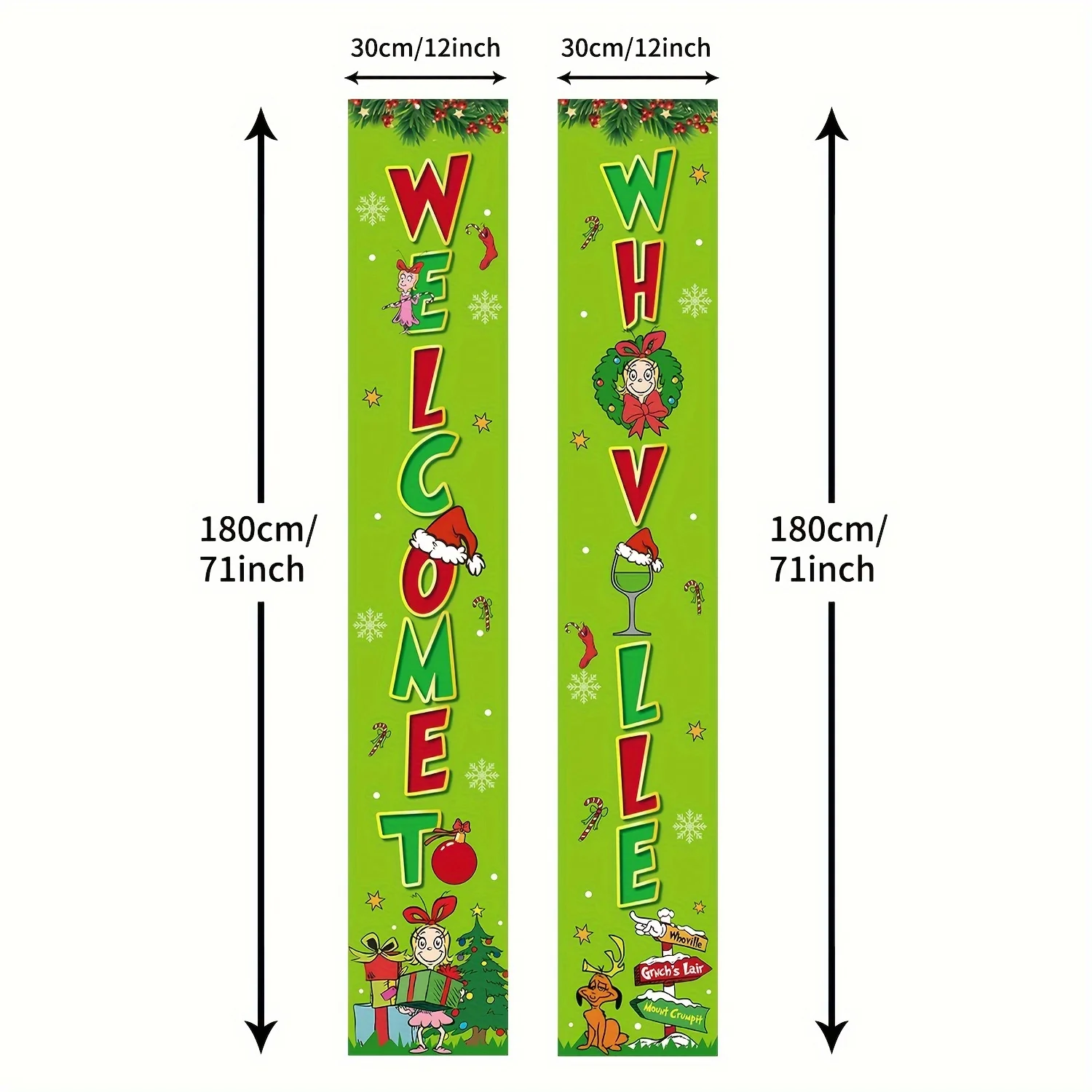 Whoville زينة عيد الميلاد عيد الميلاد الشرفة تسجيل- مرحبا بكم في Whoville زينة باب عيد الميلاد معلقة راية خلفية Outd #3