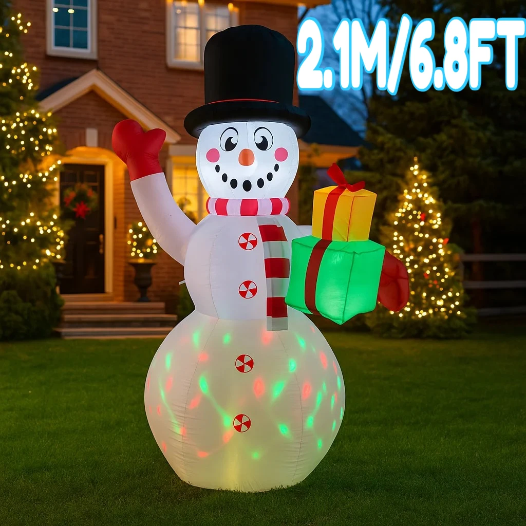 Muñeco de nieve inflable de 2,1 M/6,8 pies con regalos, luces LED para exteriores, decoraciones para el hogar, juguetes, adornos navideños para patio, decoración de iluminación navideña