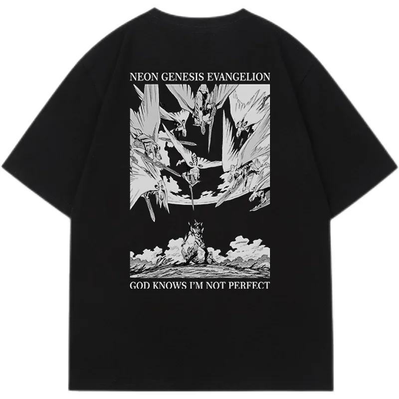 100% Cotton Japanese Animation EVA Akira Men's Short Sleeve T-shirt Loose Fashion Anime Casual Black and White T-shirt