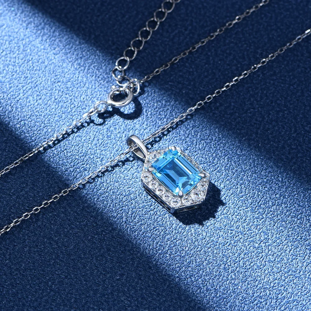 New Models Diamond Set Sea Blue Treasure Necklace for Women 925 Pure Silver 7 * 9mm High Carbon Diamond