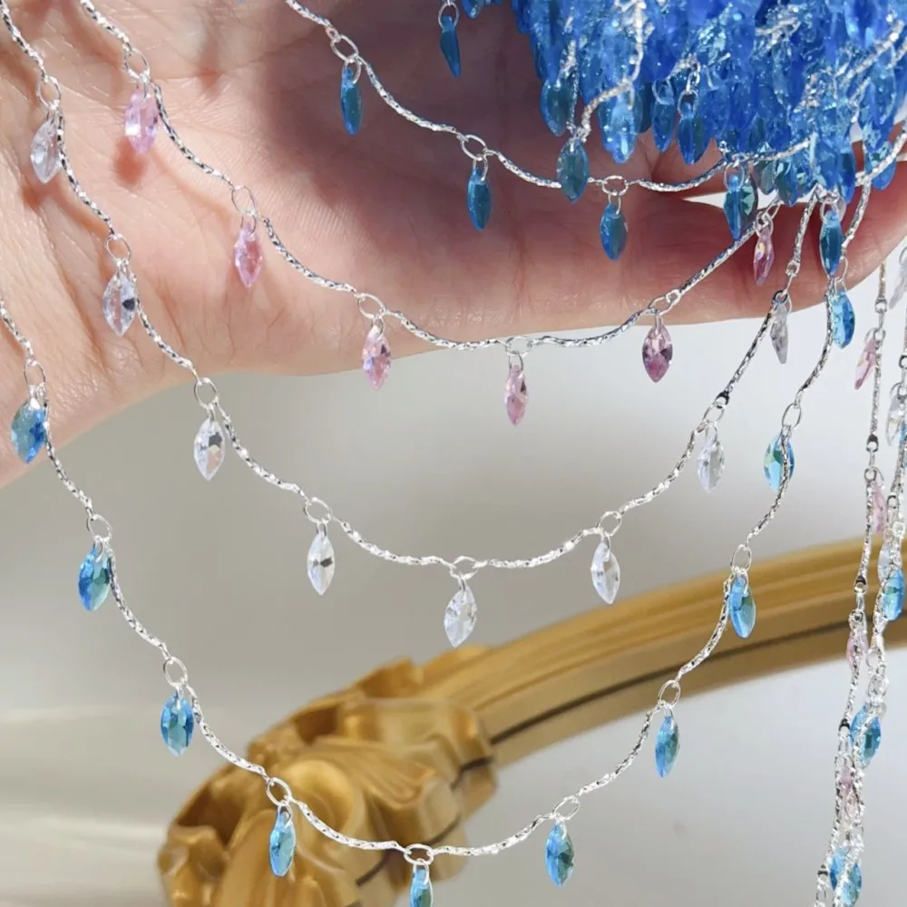 Cadena de cobre con borlas en forma de cascada de cristal de circonita de 0.5/1/2 metros para la fabricación de joyas DIY, decoración de bolsos y accesorios de ropa.