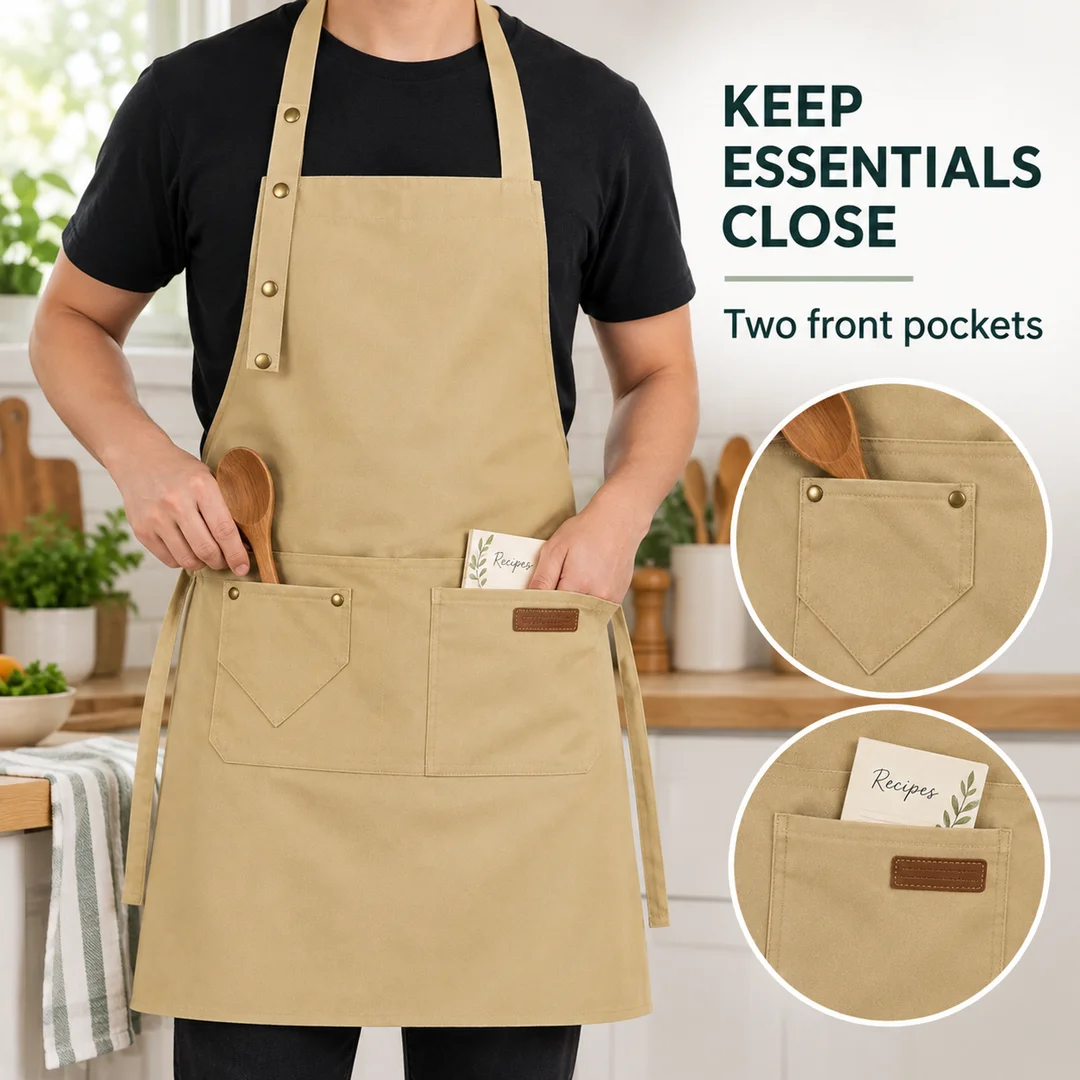 Khaki Poly-Cotton Bib Apron with 2 Front Pockets and Brass Rivet Detail, 29 x 26 in Kitchen, BBQ, Barista and Floral Work Apron