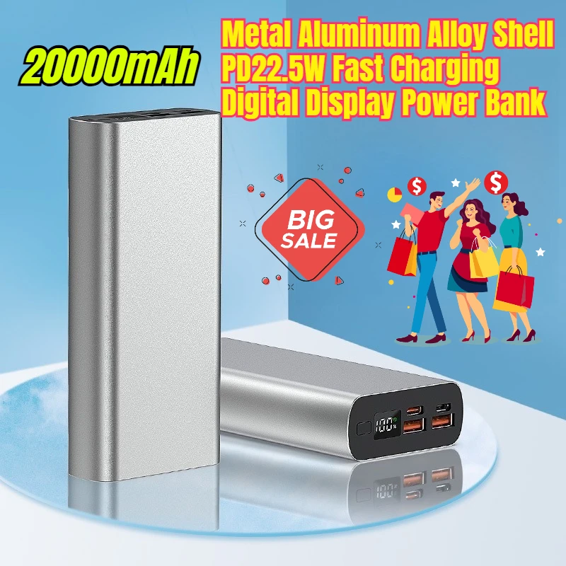 

20000mAh Metal Aluminum Alloy Shell PD22.5W Fast Charging Digital Display Power Bank