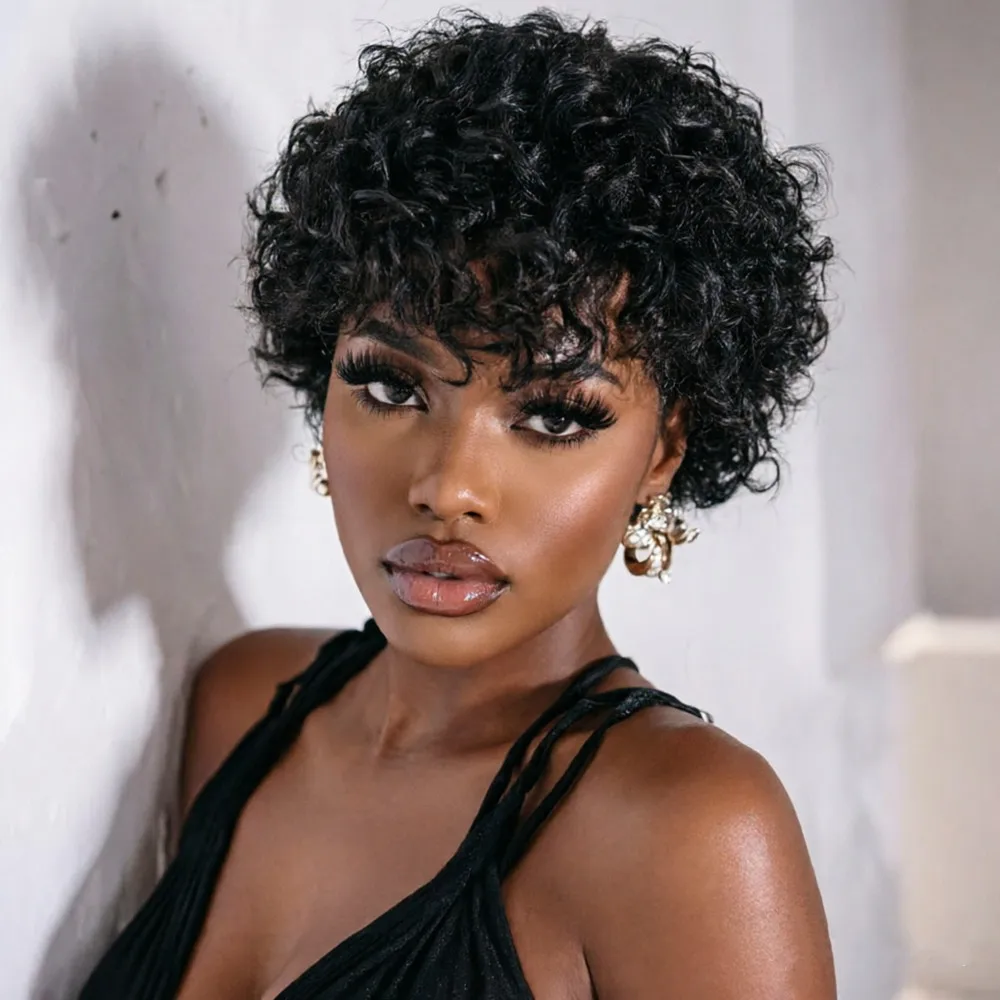 

Парик в стиле пикси, короткий парик из натуральных волос для женщин, парик для повседневного использования и вечеринок, кудрявый парик машинной работы, черный цвет