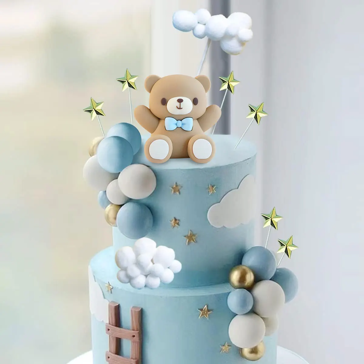 Juego de adornos para tarta para Baby Shower, 33 Uds., adornos de oso azul y nube de estrellas para fiesta de cumpleaños, decoración de pastel para revelar el género