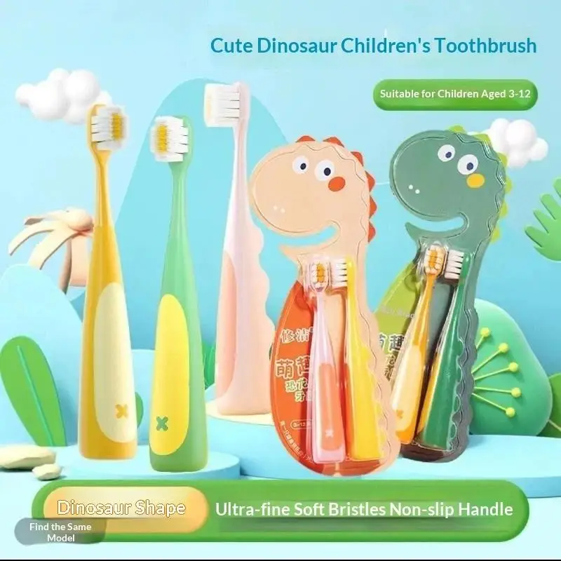Kids Dinosaur Soft Bristle Toothbrush 2 Pack Non-slip Cartoon Handle Suitable for 3-10 Years Old Kids Home Use
