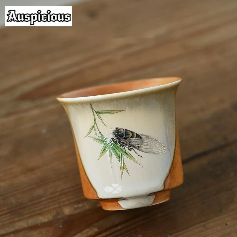 120ml Antique Soda Glazed Ceramic Teacup Coarse Pottery Large Master Cup Creative Cicada No Rains It Pours Mug Kung Fu Teaware