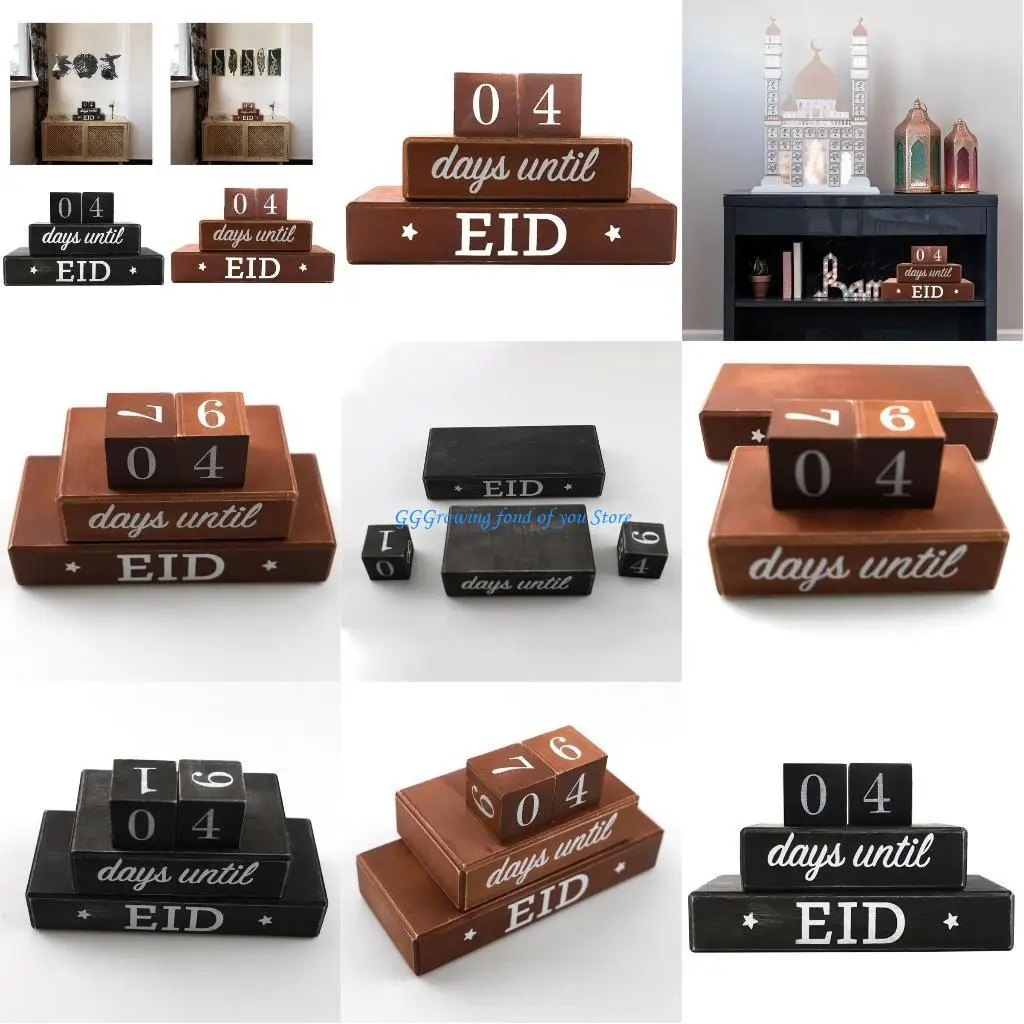

H9EB Eid Countdown Calendar Reversible Wooden Blocks Countdown Calendar to Christmas, Halloween, Thanksgiving, Wedding