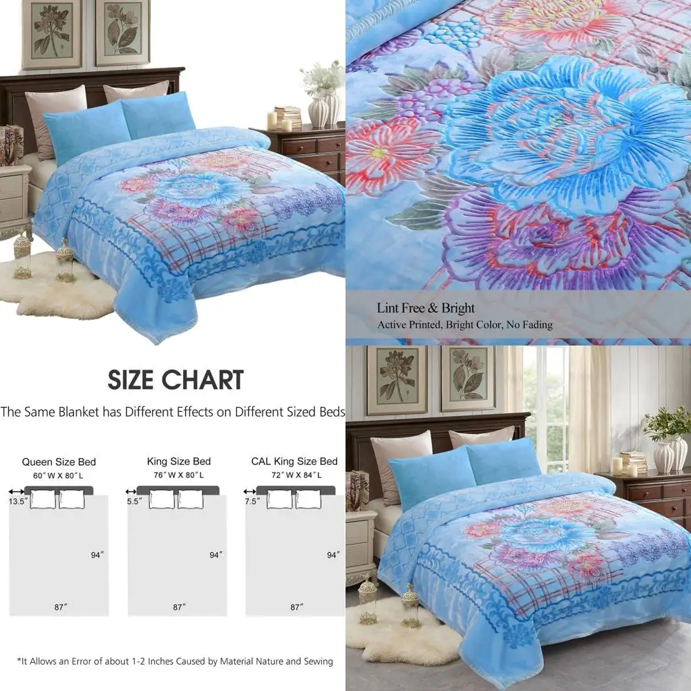 

King Size Plush Fleece Blanket 87x94, 10.5 lbs, Soft & Warm, 2 Ply Embossed A&B Print (Blue Flowers)