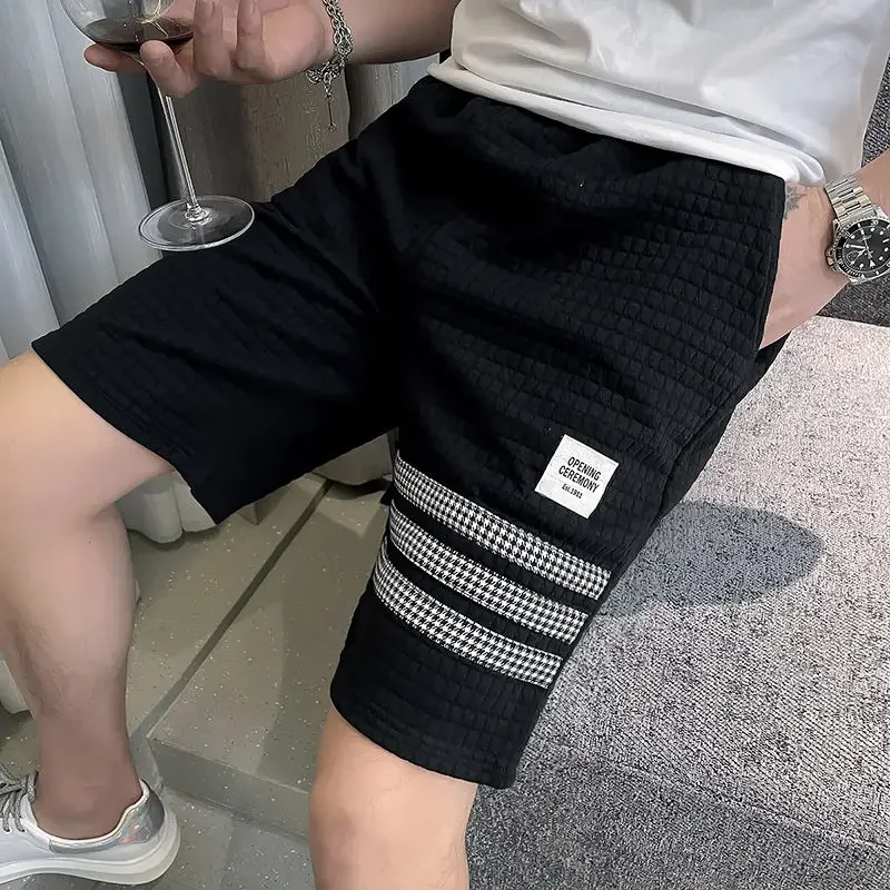 Men\'s Shorts Waffle Male Short Pants Sports Black Stripe with Pockets Elastic New in Pant 2024 Fashion Designer Small Size Bulk