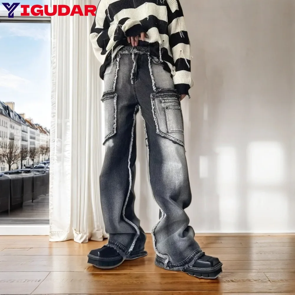 Original Wash Ragged edge jeans Casual Multi Pockets Pants Men Straight leg loose and comfortable Sense of design niche pants