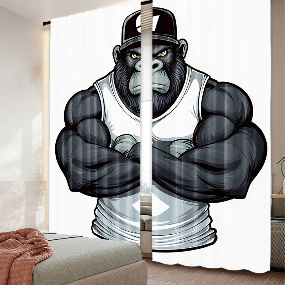 2Pcs Cartoon Curtain Big Gorilla Like As Professional Athlete Bodybuilding Gym Animal For Bedroom Living Room And Dining Room