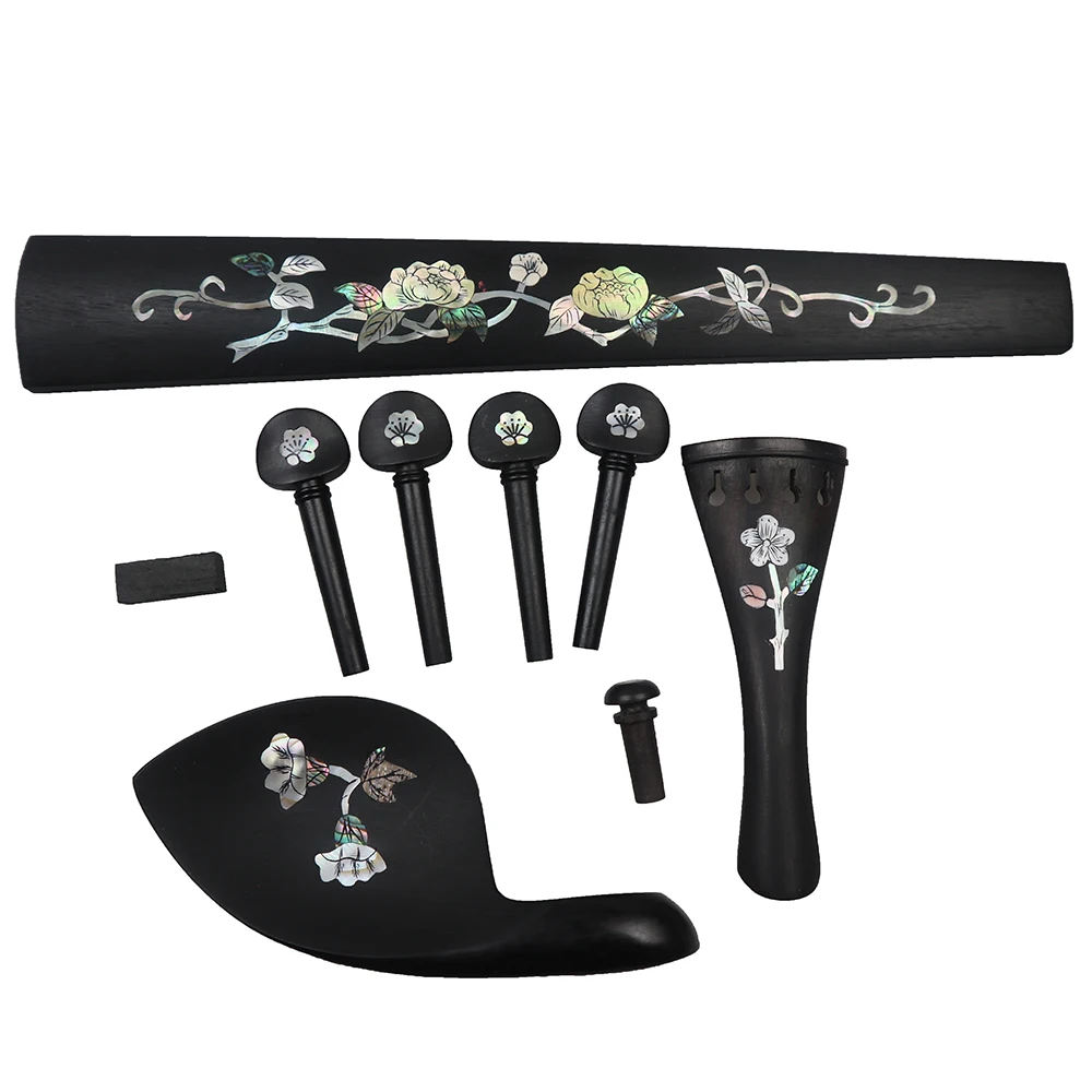 

4/4 Full Size Violin Accessories Set, Violin Fingerboard Fretboard Chinrest Tailpiece Endpin Pegs Ebony wood inlay Pearl Shell