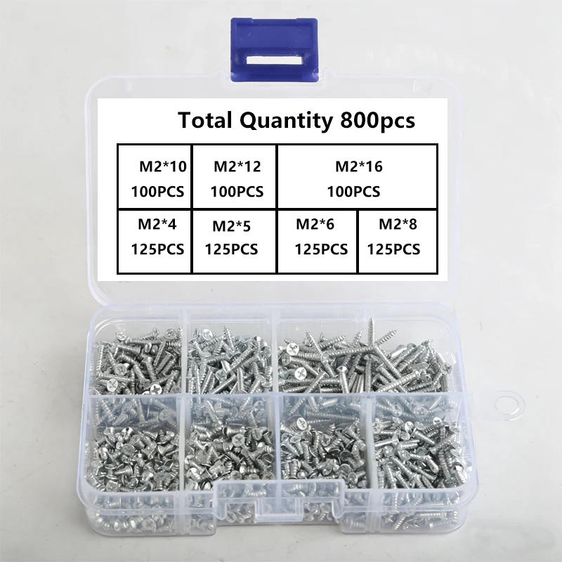 Set mit 800 selbstschneidenden Holzschrauben, M2 Phillips-Flachkopfschrauben für Blech, Sortiment-Kit mit Selbstschrauben und Sicherungsmuttern – Detail 8