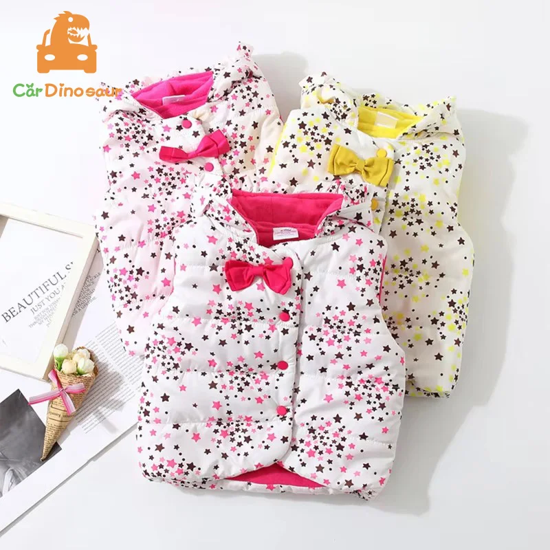 

Зимняя теплая шапка с капюшоном для 2 3 4 6 7 8 9 10 лет 90-140 см с бантом и звездами ярких цветов, милая детская жилетка с капюшоном для маленьких девочек, жилет