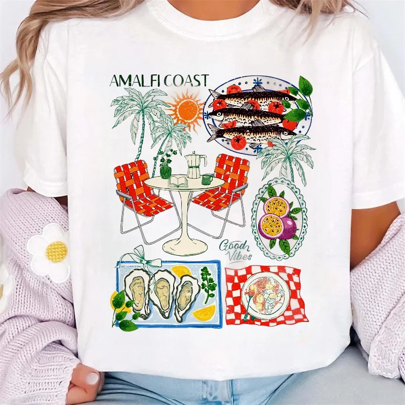 Coast Good Vibes Pattern Printed Short Sleeve Beach Vacation T-Shirt Printed Women's Street Cute Versatile Leisure Travel T-Shir
