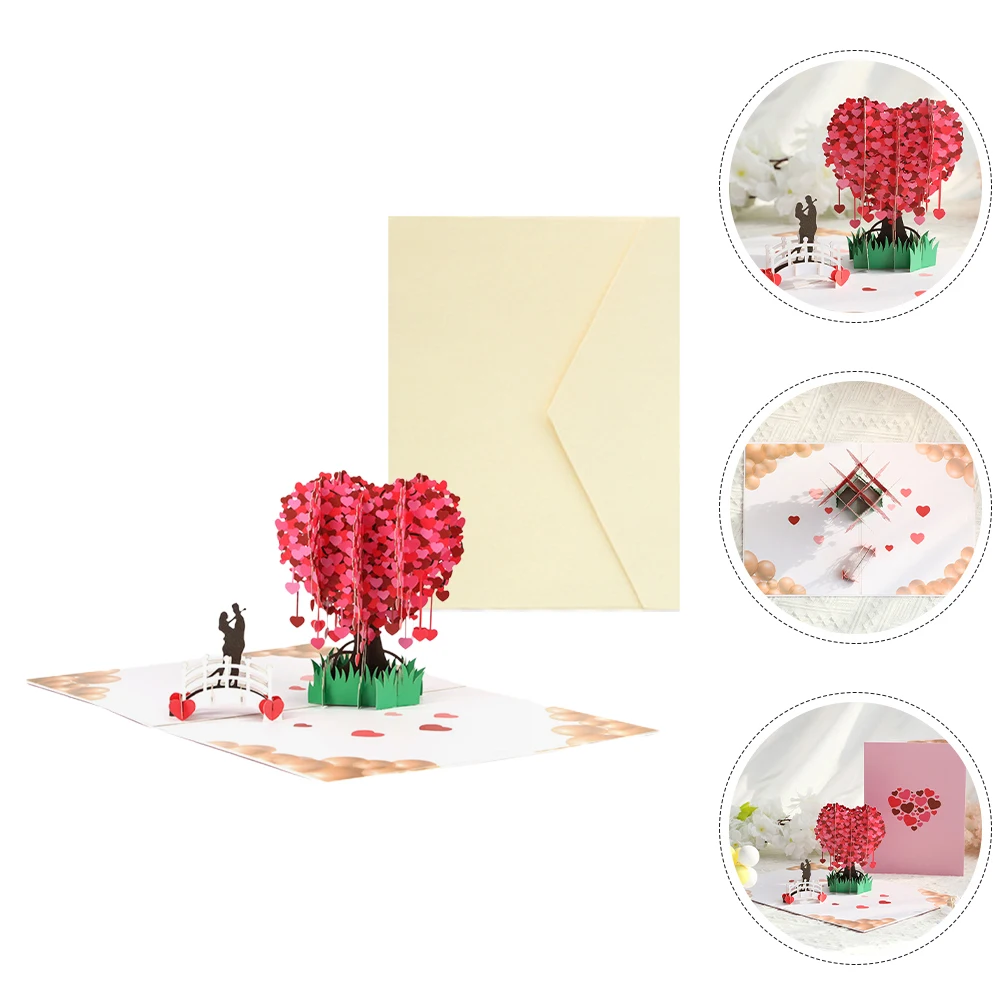 

1 set 3D Heart Shaped Greeting Set Valentine'S Day Lover'S Card Thickened Paperboard Tree Design Festival Party Blessing Card