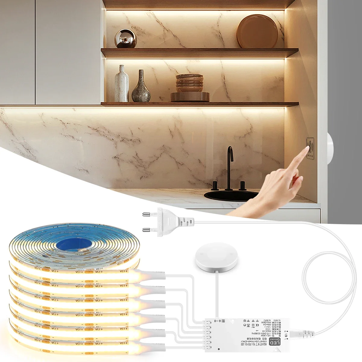2-6PCS Linkage COB LED Strip Light Kit With Dimmable Touch & Hand Sweep Sensor Switch DIY Cuttable Tape For Cabinet Showcase