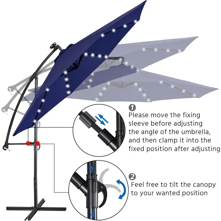 10ft Solar Offset Regenschirm mit 32 LED-Leuchten Cantilever hängen Outdoor-Regenschirme handliche Kurbel & Kreuz Basis für Rasen/Deck