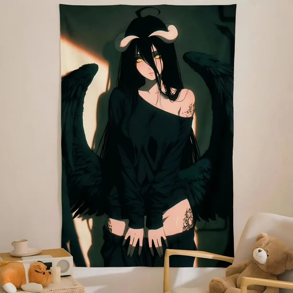 Albedo Dark Gothic Tapestry, Black Wing Horn Tattoo Shadow Light Print Wall Hanging for Bedroom Dorm Living Room Grunge Decor Gi