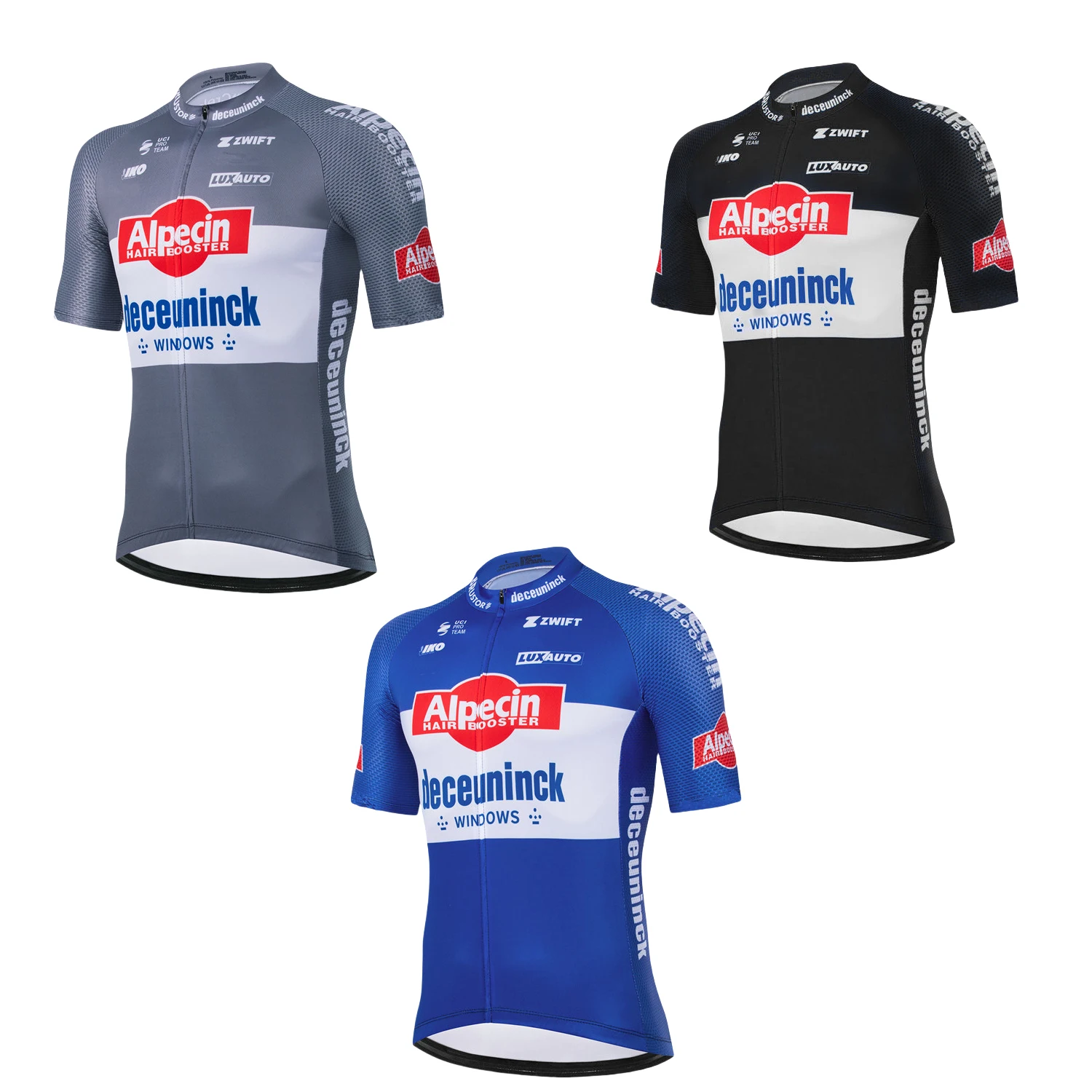 Alpecin Deceuninck 2025, Rennbekleidungsset, MVDP-Bekleidung, graues Herren-Rennrad-Shirt, kurzärmelige Fahrradshorts