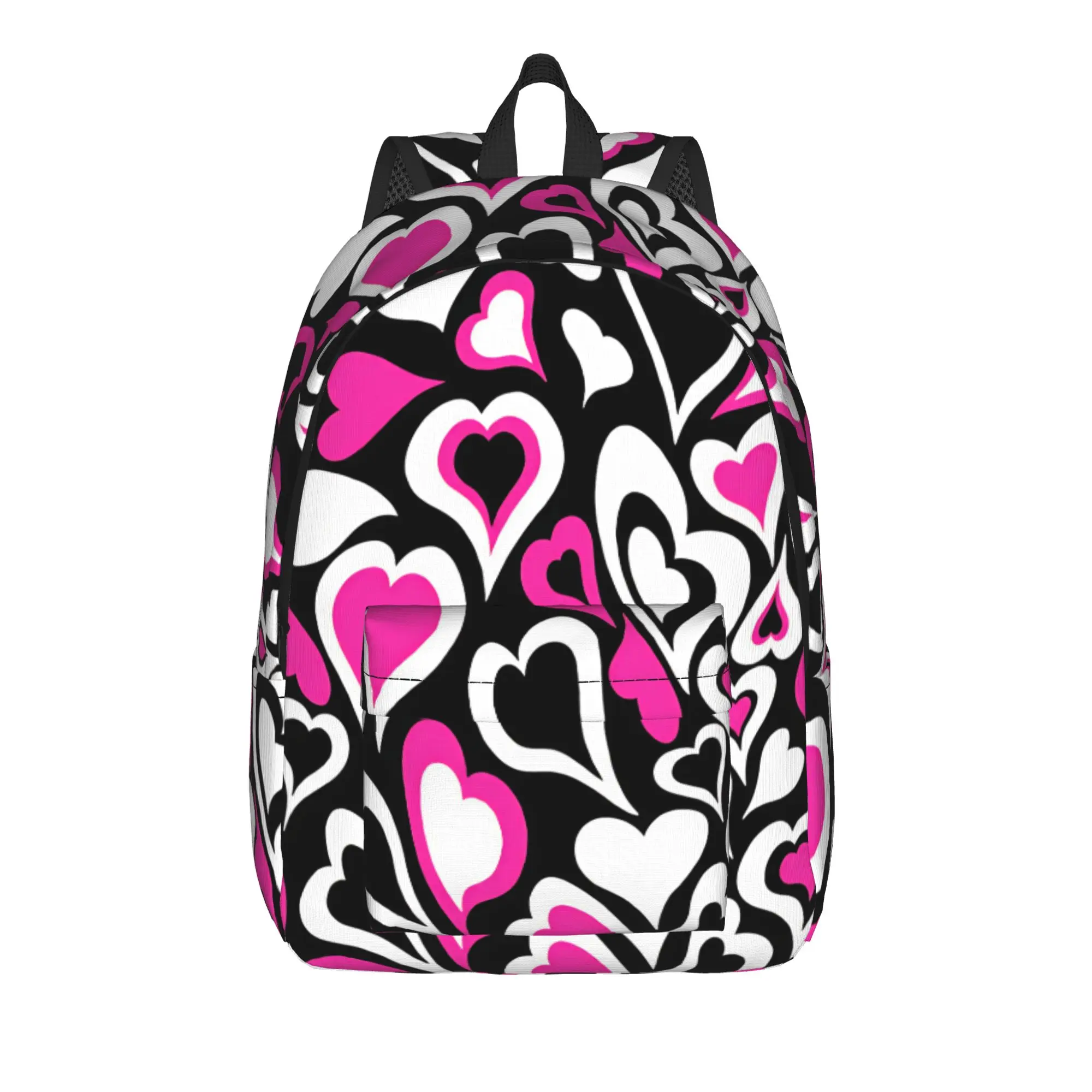 Hot Pink Black White Layered Hearts Backpack  Female Polyester Travel Backpacks Print Kawaii High School Bags Rucksack