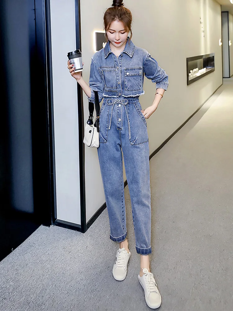 Enjoyce Spring Denim High Taille Kordel zug Overalls Frauen koreanische Mode gefälschte zweiteilige Langarm Overalls Stram pler Streetwear