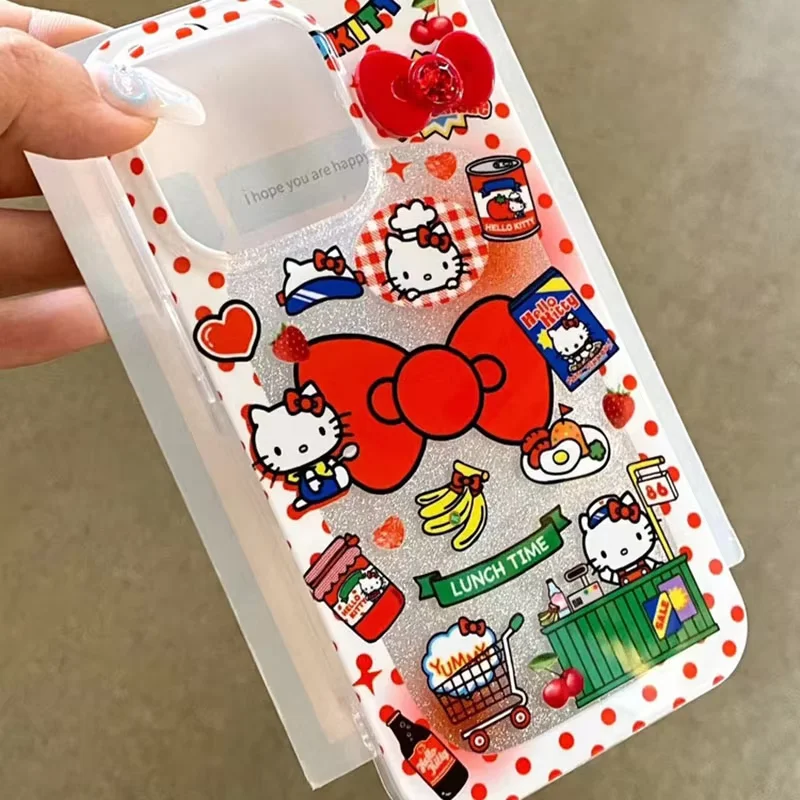 Cute Hello Kitty Red Bow Strap Kawaii Phone Case For iPhone 16 15 14 12 13 11 Pro Max XR XS MAX 7 8 PLUS MINI Y2K Laser Cover